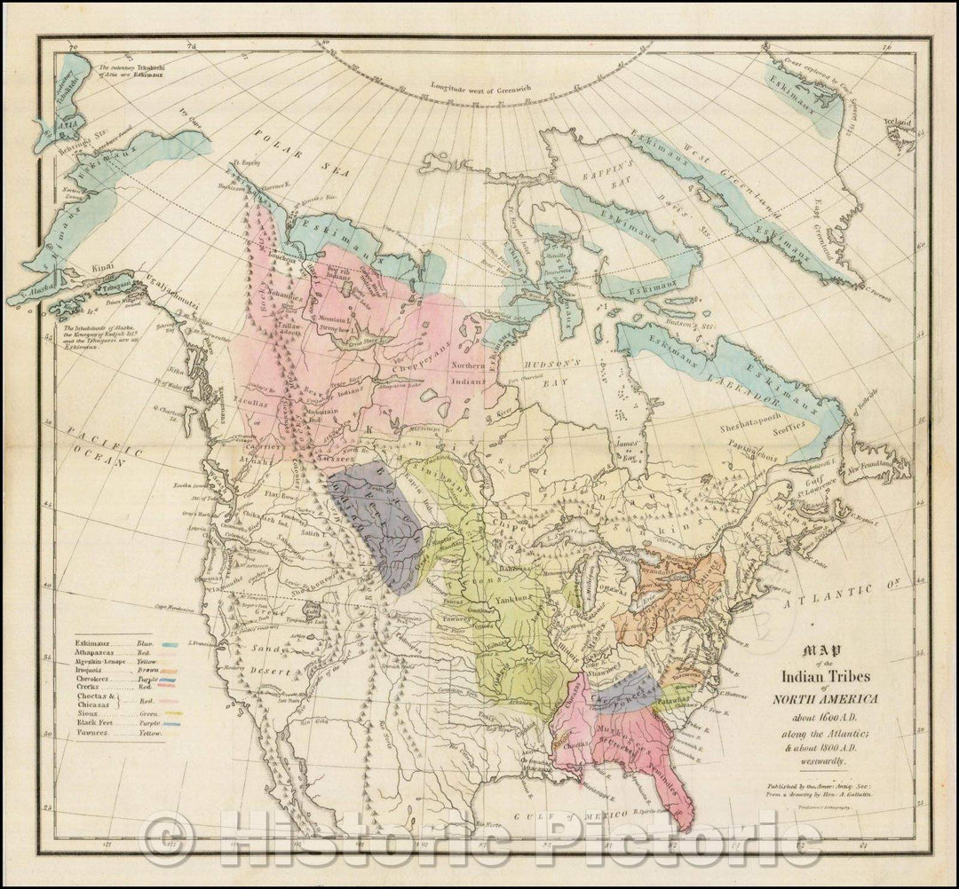 Historic Map - Map of the Indian Tribes of North America about 1600 A.D. along the Atlantic; & about 1800 A.D. Westwardly, 1836, American Antiquarian Society - Vintage Wall Art