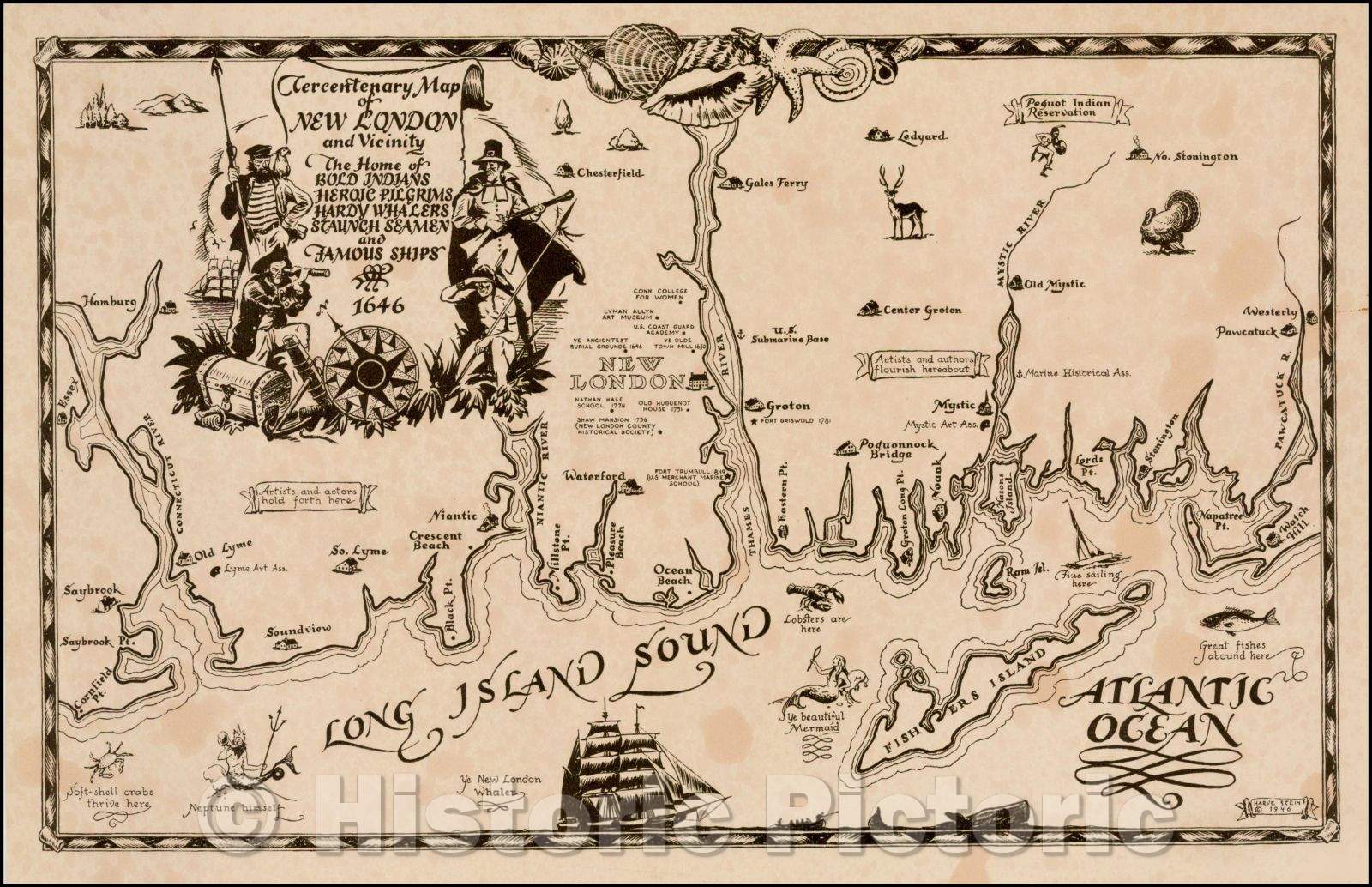 Historic Map - Tercentenary Map of New London and Vicinity The Home of Bold Indians Heroic Pilgrims Hardy Whales Staunch Seamen and Famous Ships, 1946 - Vintage Wall Art