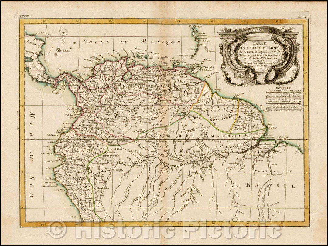 Historic Map - Carte De La Terre Ferme de la Guyane et du Pays des Amazones / 18th Century Map of the northern portion of South America, Columbia etc, 1772 - Vintage Wall Art