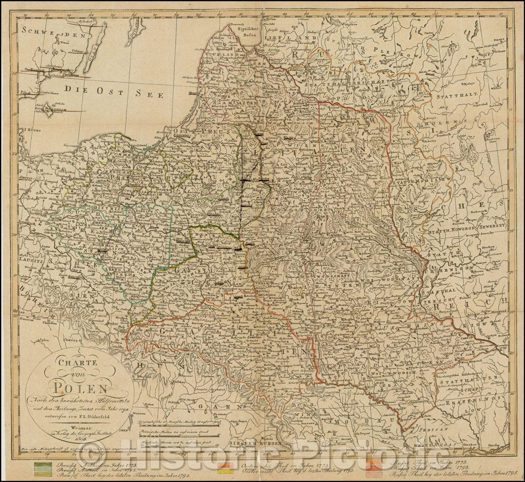 Historic Map - Charte von Polen nach den bew?rtesten H?ltsmitteln :: Poland by F.L. Gussefeld, detailing the dismemberment of Poland in the lower margin, 1806 - Vintage Wall Art