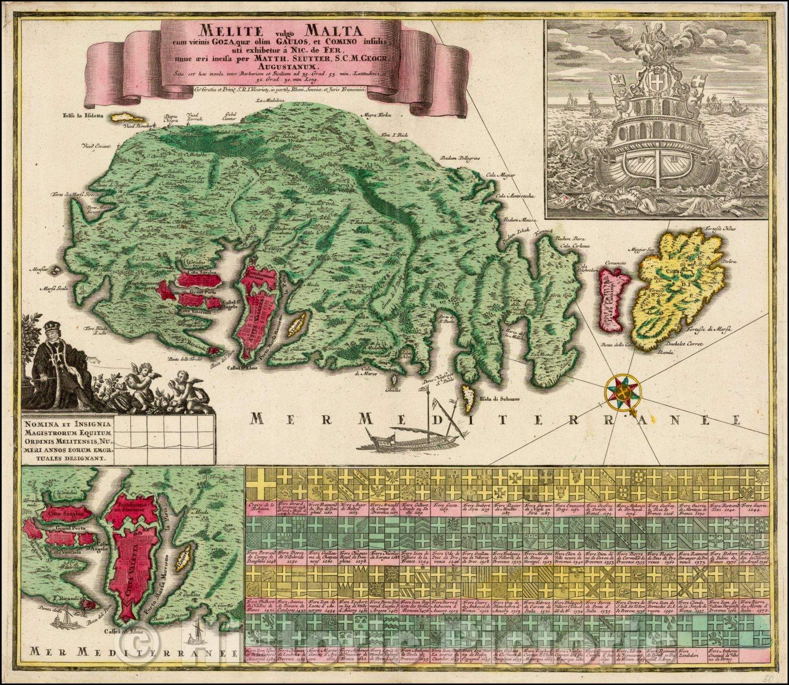 Historic Map - Melite vulgo Malta cum vicinis Goza, quae olim Gaulos, et Comino insulis/Seutter's Map of the Island of Malta and environs, 1740 - Vintage Wall Art