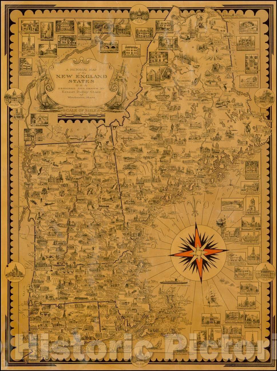 Historic Map - A Pictorial Map of the New England States USA, 1939, Ernest Dudley Chase v1