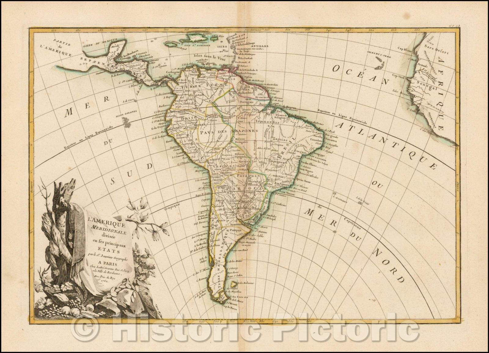 Historic Map - L'Amerique Meridionale divisee en ses principaux Etats/Map of South America, 1762, Jean Janvier - Vintage Wall Art