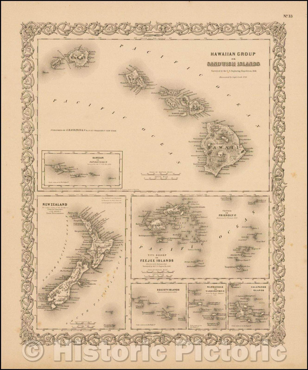 Historic Map - Hawaiian Group or Sandwich Islands [with] New Zealand [and] Feejee Group, Society Island, Marquesas and Galapagos Islands, 1855 v4