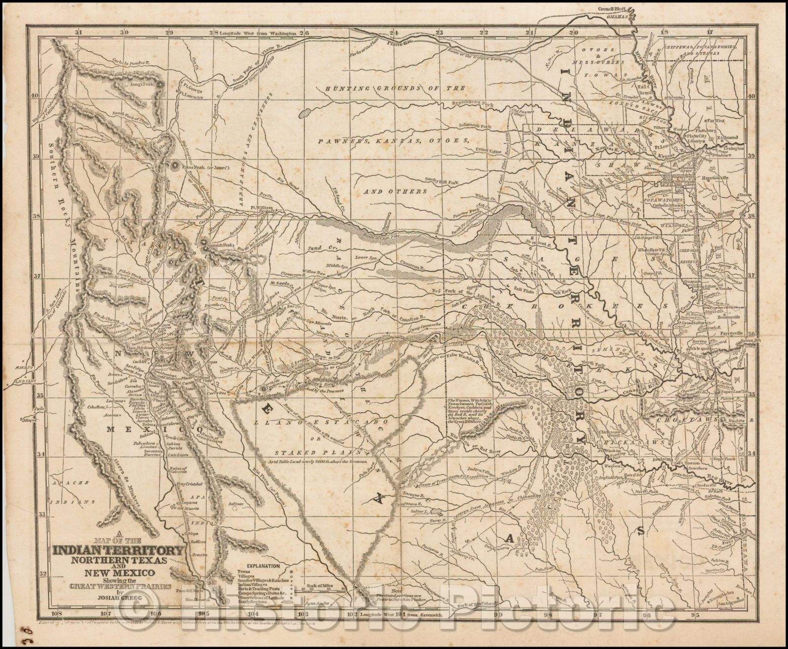 Historic Map - Indian Territory, Northern Texas And New Mexico Showing the Great Western Prairies, 1844, Josiah Gregg v2