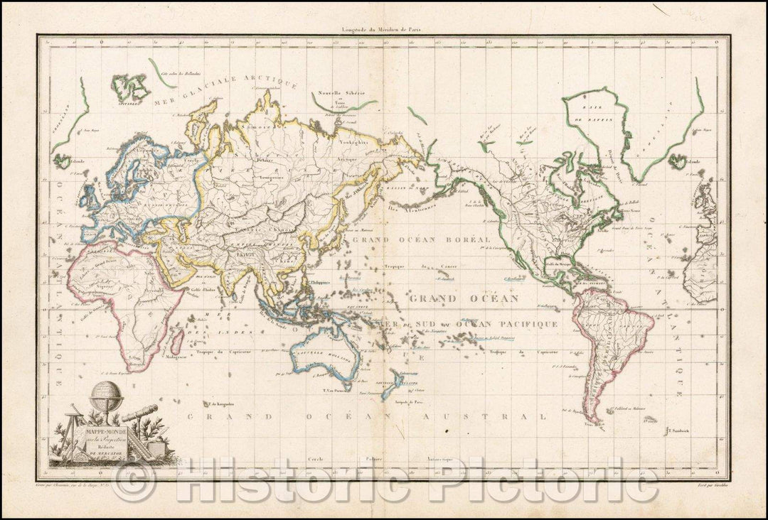 Historic Map - Mappe-Monde sur la Projection Reduite De Mercator/Map of the world on Mercator's projection w/a vignette, 1812, Conrad Malte-Brun - Vintage Wall Art