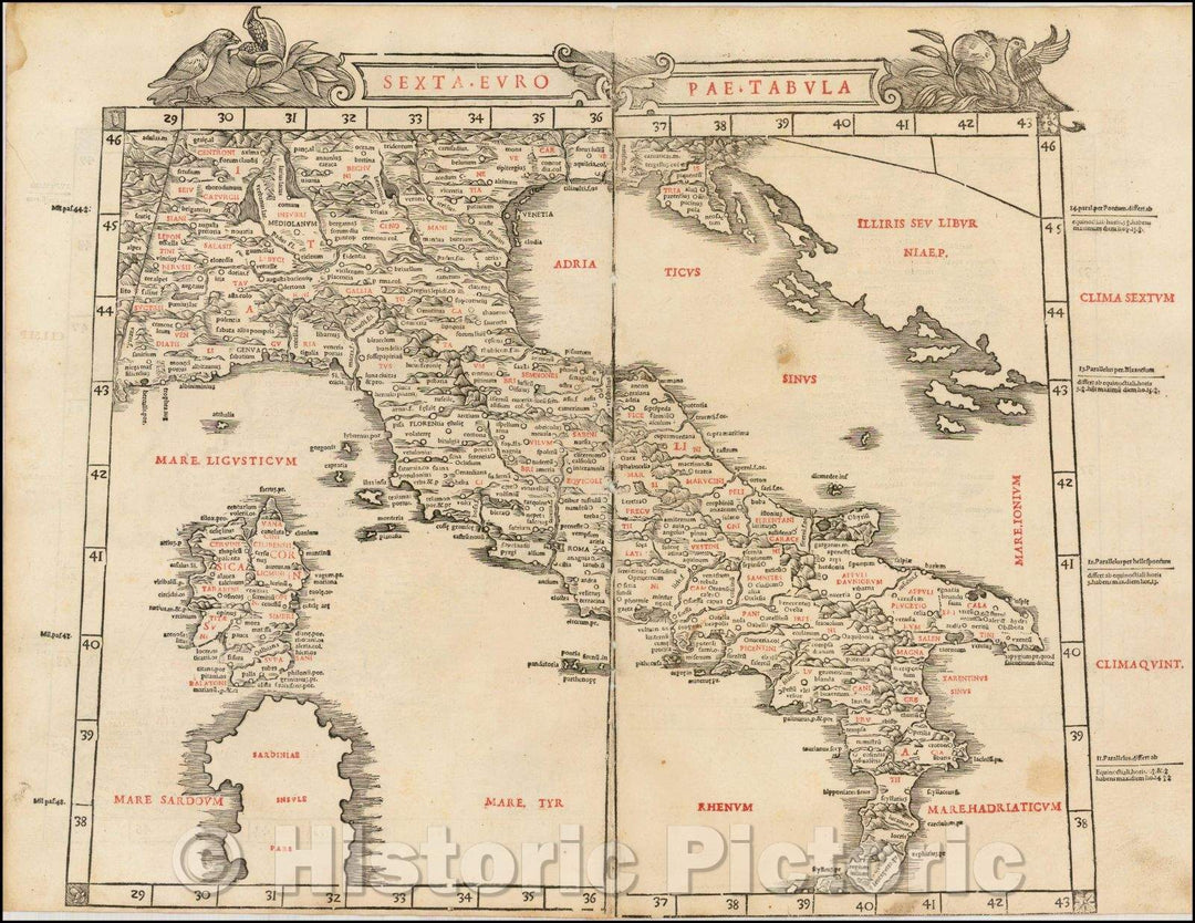 Historic Map - Sexta Europae Tabula/Sylvanus' Map of Italy, Corsica and the Adriatic, one of the earliest printed Maps of Italy, 1511, Bernardus Sylvanus - Vintage Wall Art