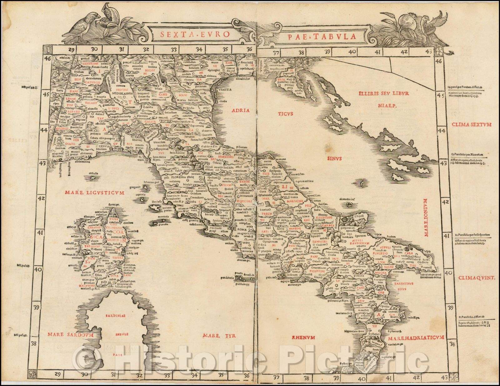 Historic Map - Sexta Europae Tabula/Sylvanus' Map of Italy, Corsica and the Adriatic, one of the earliest printed Maps of Italy, 1511, Bernardus Sylvanus - Vintage Wall Art