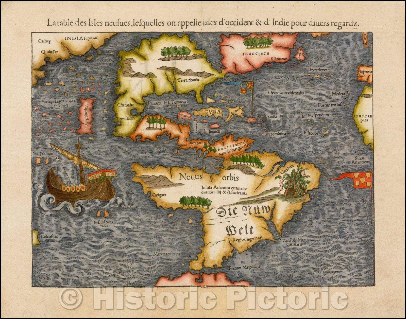 Historic Map - La Table des Isles neusues, lesquelles on appelle isles d'occident / 1552 edition of Munster's Map of America, North and South America, 1552 v1