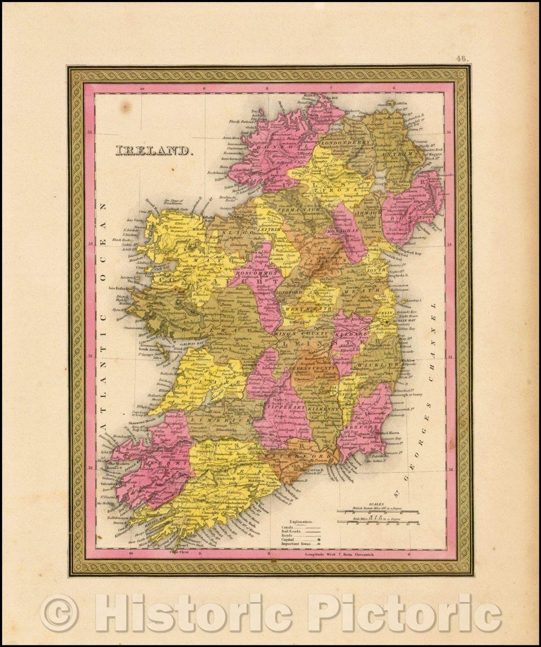 Historic Map - Ireland, 1847, Samuel Augustus Mitchell - Vintage Wall Art