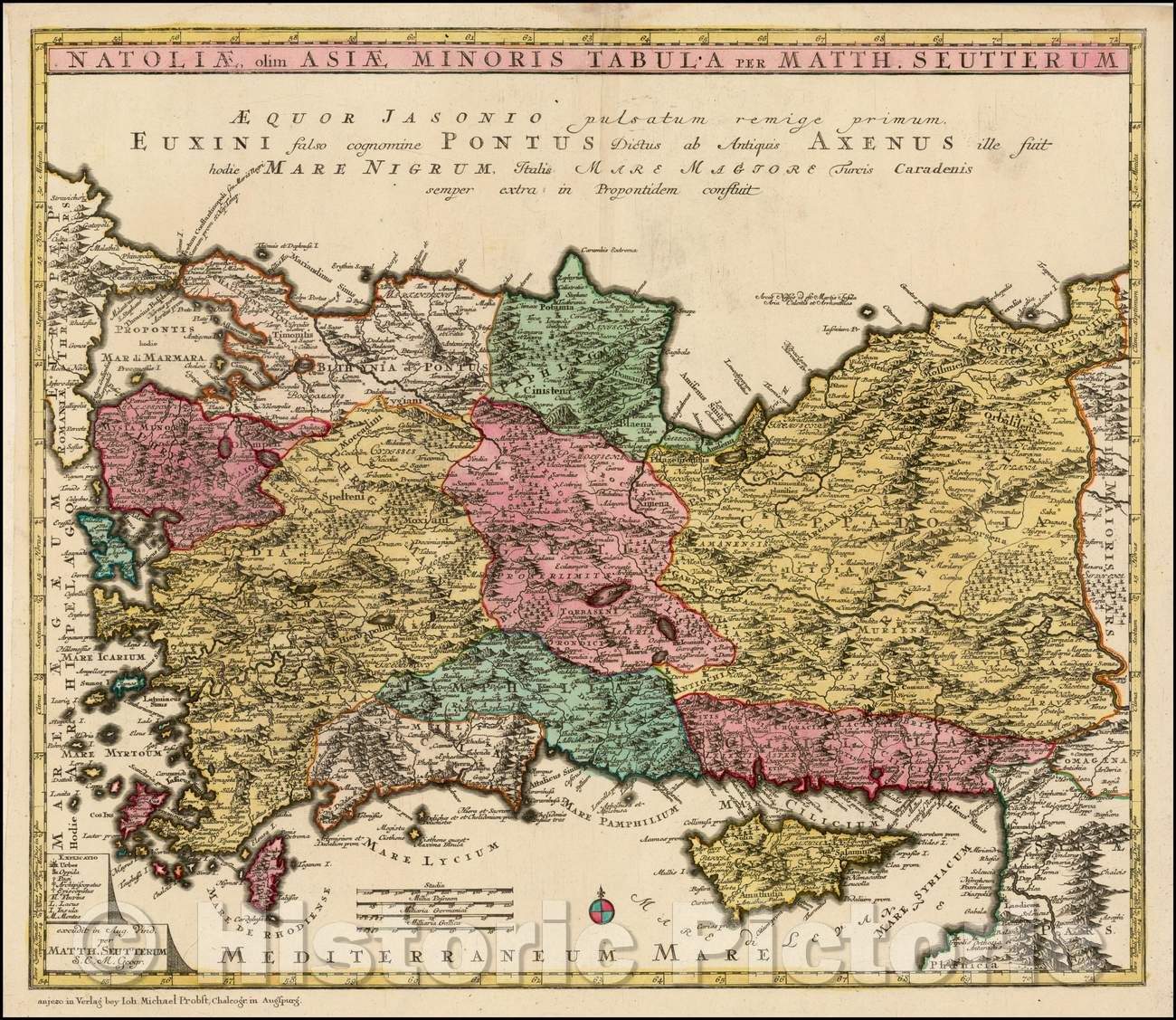 Historic Map - Natoliae, olim Asiae Minoris Tabula/Probst edition of Seutter's Map of Cyprus, Asia Minor and environs, first published circa 1730, 1760 - Vintage Wall Art