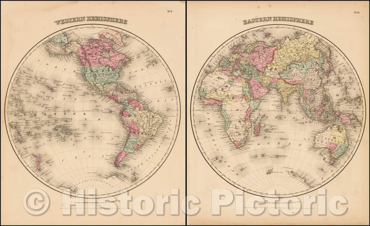 Historic Map - Johnson's Western Hemisphere & Johnson's Eastern Hemisphere, 1855, Alvin Jewett Johnson v1