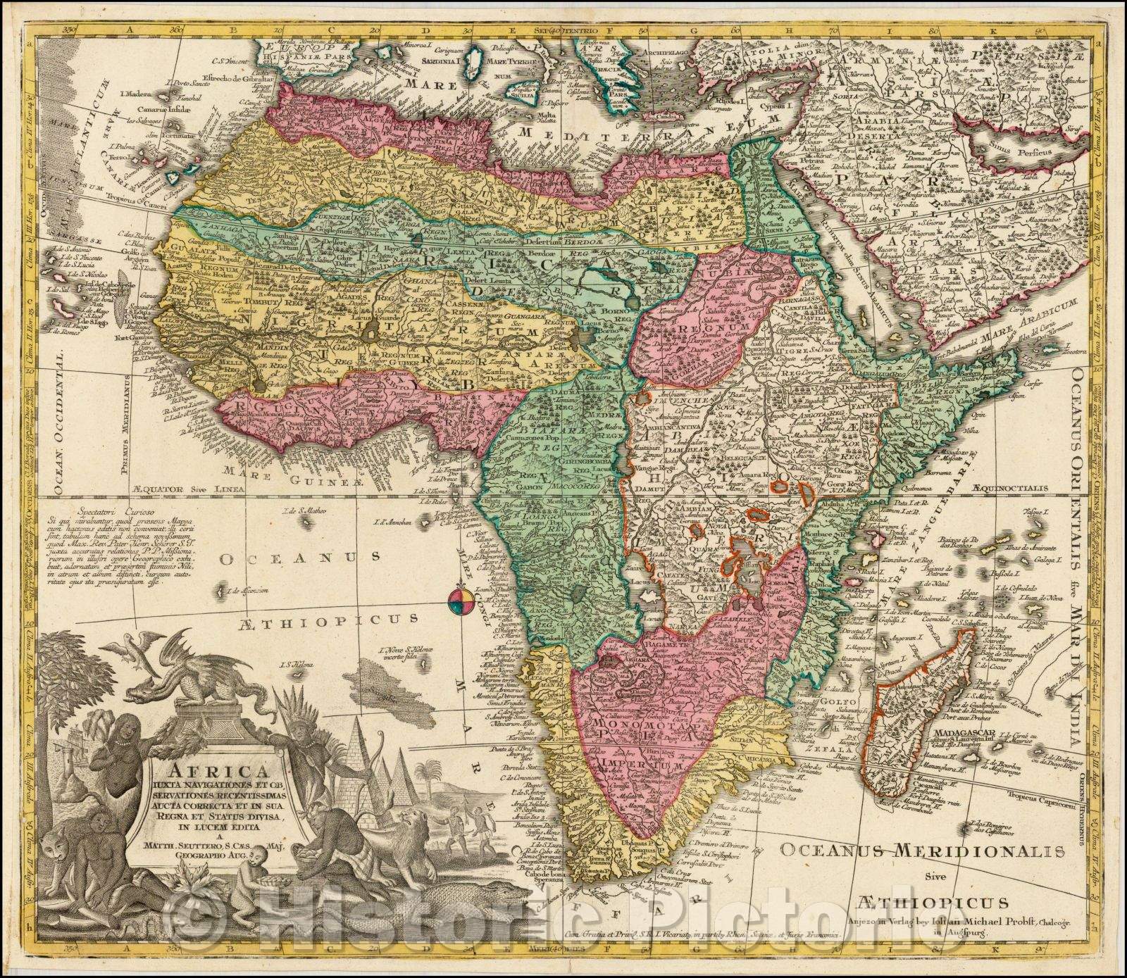 Historic Map - Africa Iuxta Navigationes et Observationes Recentissimas Aucta/Gorgeous full color example of Seutter's Map of Africa, 1760 - Vintage Wall Art