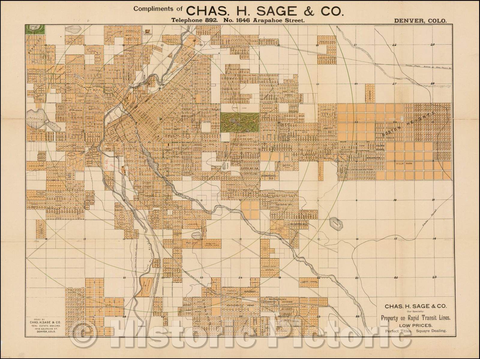 Historic Map - Denver, Colo. Compliments of Chas. H. Sage & Co, 1889, Chas. H. Sage & Co, - Vintage Wall Art