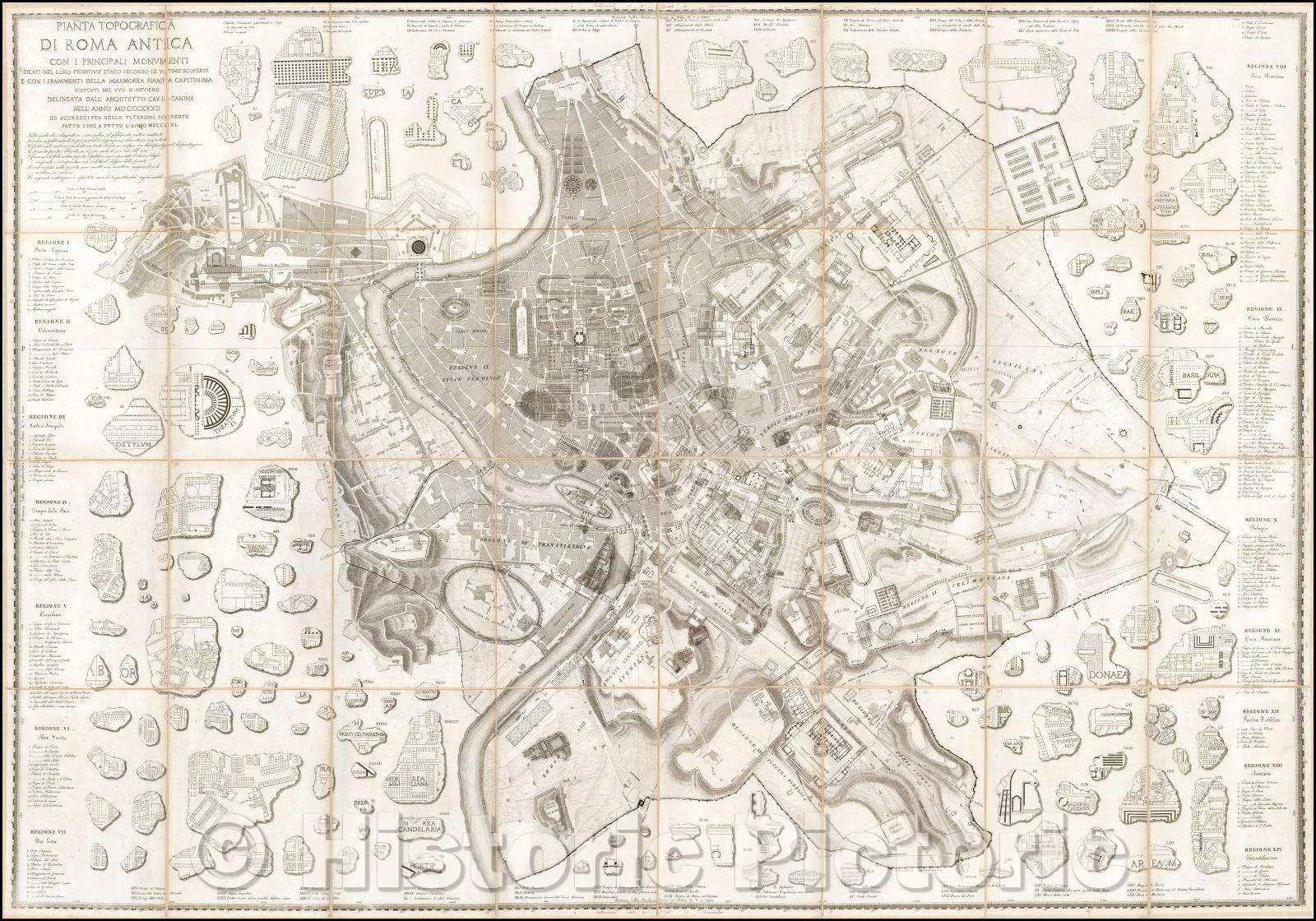 Historic Map - Pianta Topografica Di Roma Antica Con I Principali Monumenti Ideati Nel Loro/Archaeological Map of Rome, 1850, Luigi Canina - Vintage Wall Art