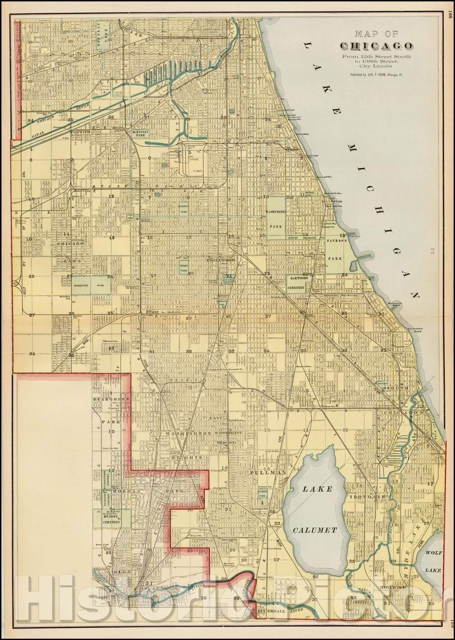 Historic Map - Map of Chicago, Showing the main portion of the City, 1910, George F. Cram - Vintage Wall Art