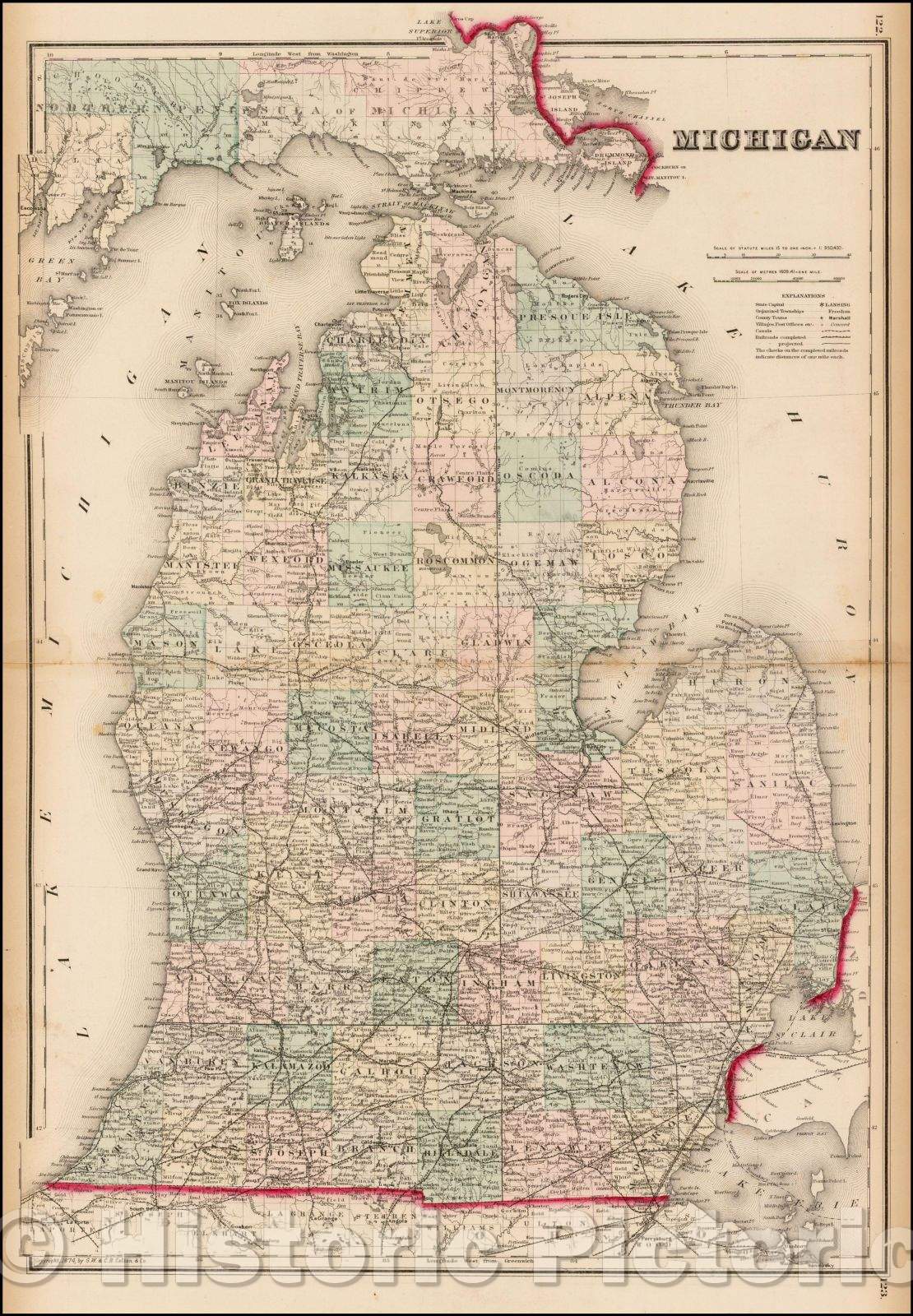 Historic Map - Michigan, 1874, R. Gray - Vintage Wall Art