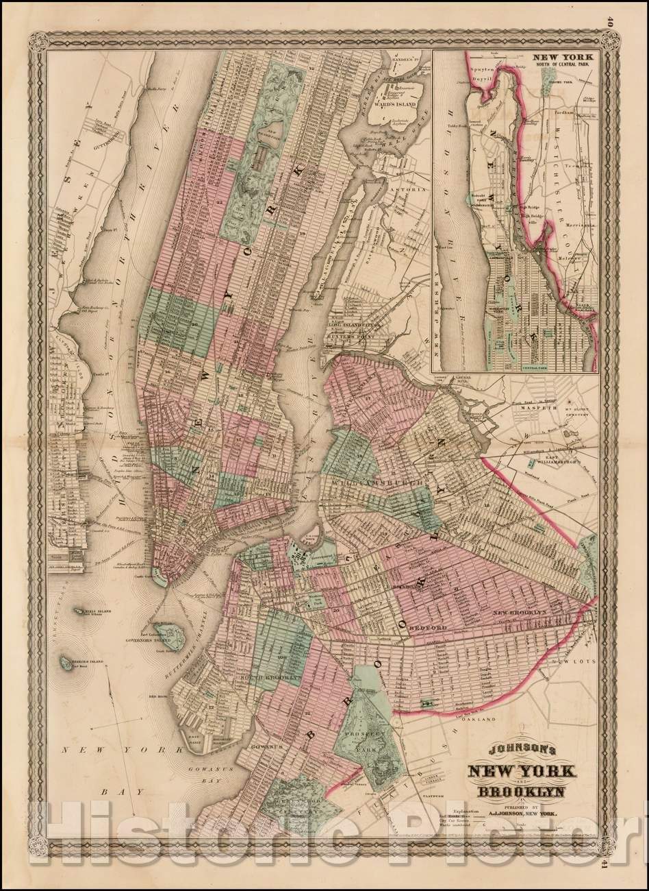 Historic Map - Johnson's New York and Brooklyn, 1871, Alvin Jewett Johnson - Vintage Wall Art