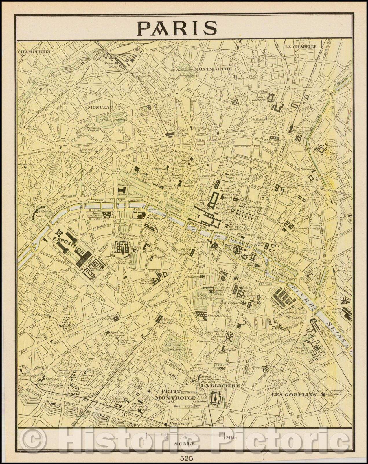 Historic Map - Paris France, 1890, George F. Cram - Vintage Wall Art