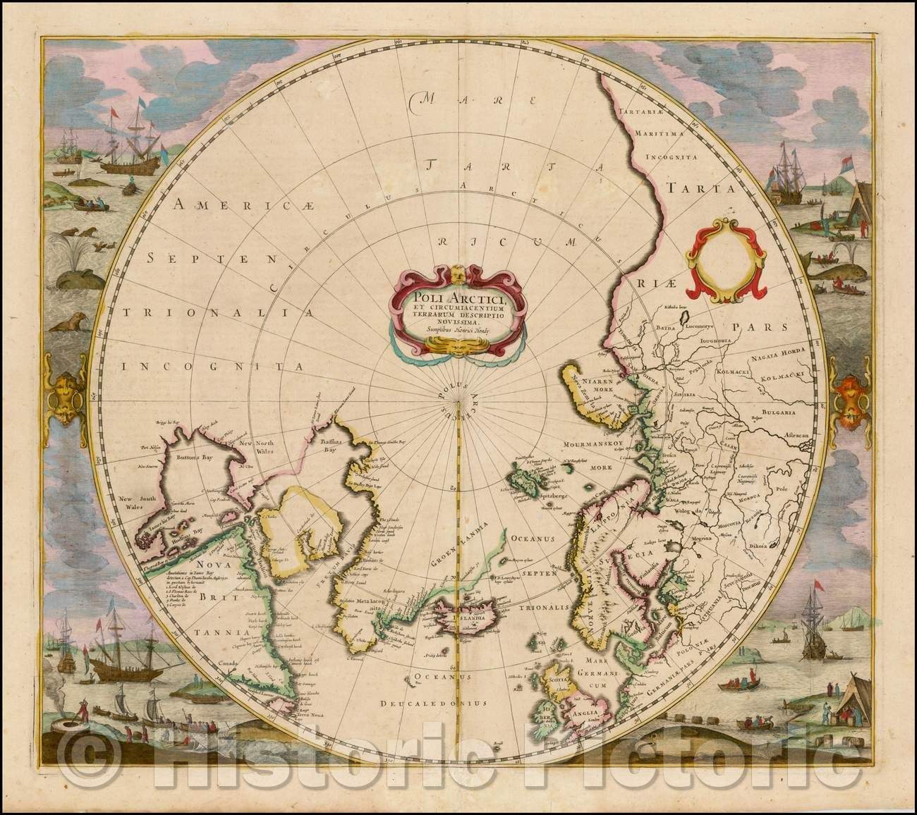 Historic Map - Poli Arctici, et Circumiacentium Terrarum Descriptio Novissima/Arctic pole, and the adjoining World Map Description, 1636, Henricus Hondius - Vintage Wall Art