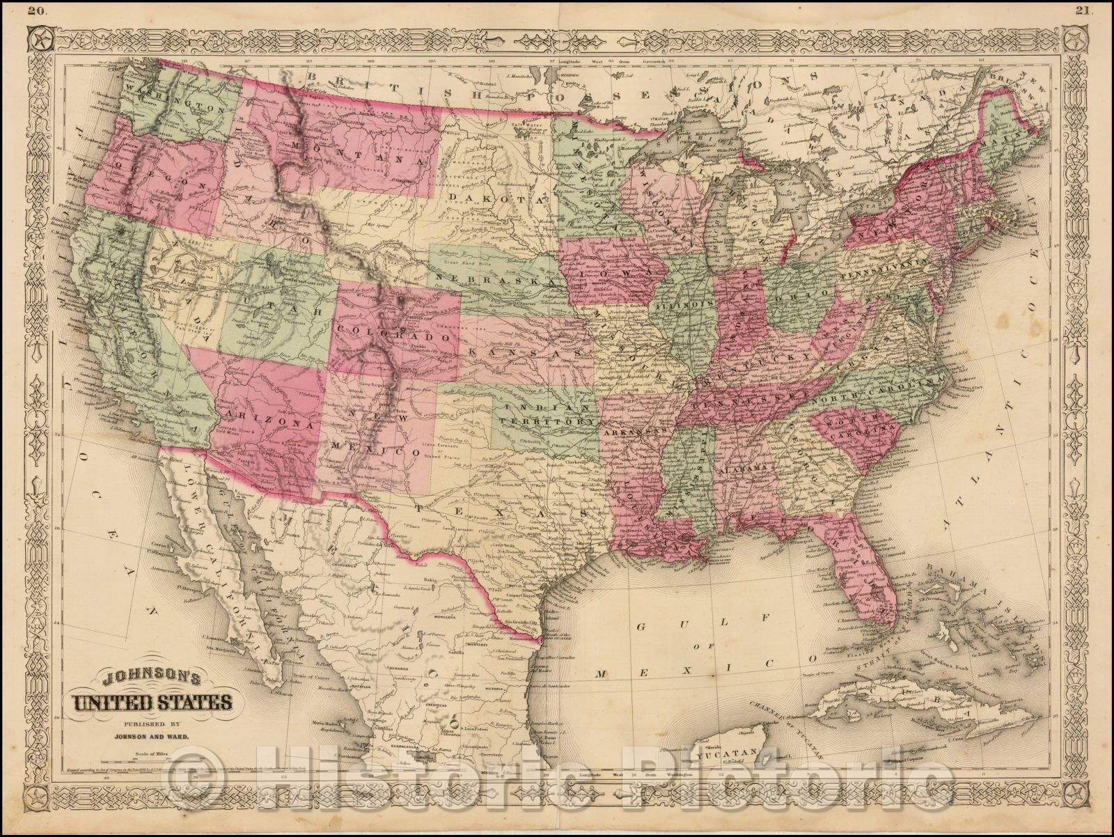 Historic Map - Johnson's United States (with strange Dakota Territory configuration), 1864, Alvin Jewett Johnson - Vintage Wall Art