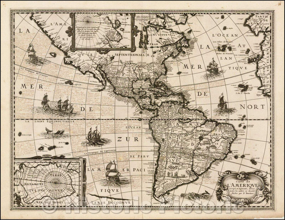 Historic Map - Carte de L'Amerique Corrigee, et augmentee dessus toutes/Map of America, Melchior Tavernier in Paris in 1627, 1627, Petrus Bertius - Vintage Wall Art