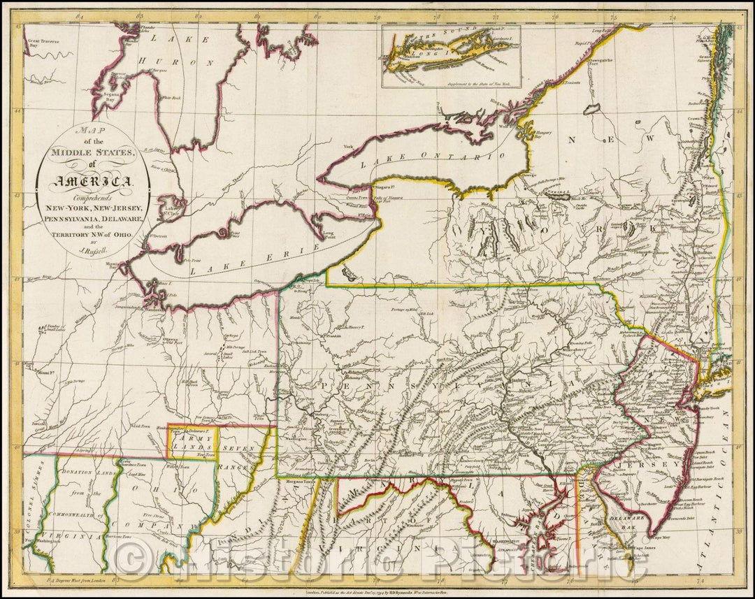 Historic Map - Map of the Middle States of America. Comprehends New-York, New-Jersey, Pennsylvania, Delaware and the Territory N.W. of Ohio, 1794, John Russell - Vintage Wall Art