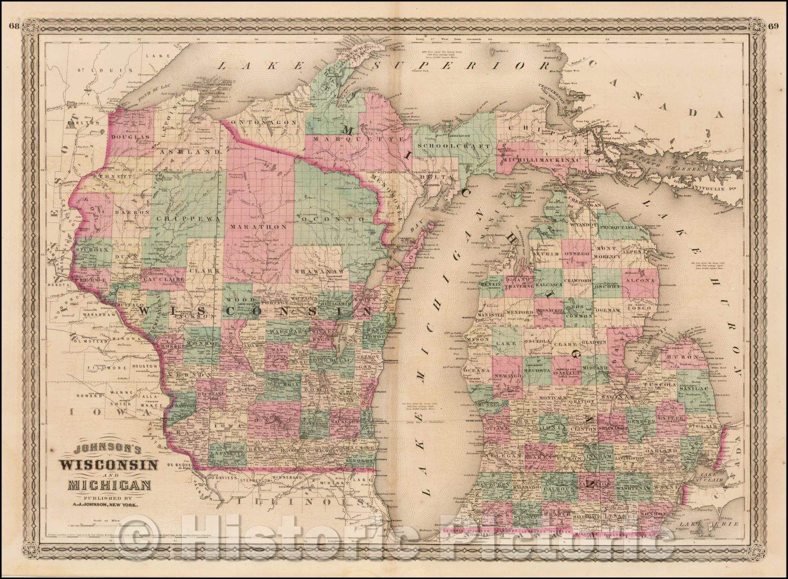 Historic Map - Johnson's Michigan and Wisconsin, 1868, Alvin Jewett Johnson - Vintage Wall Art