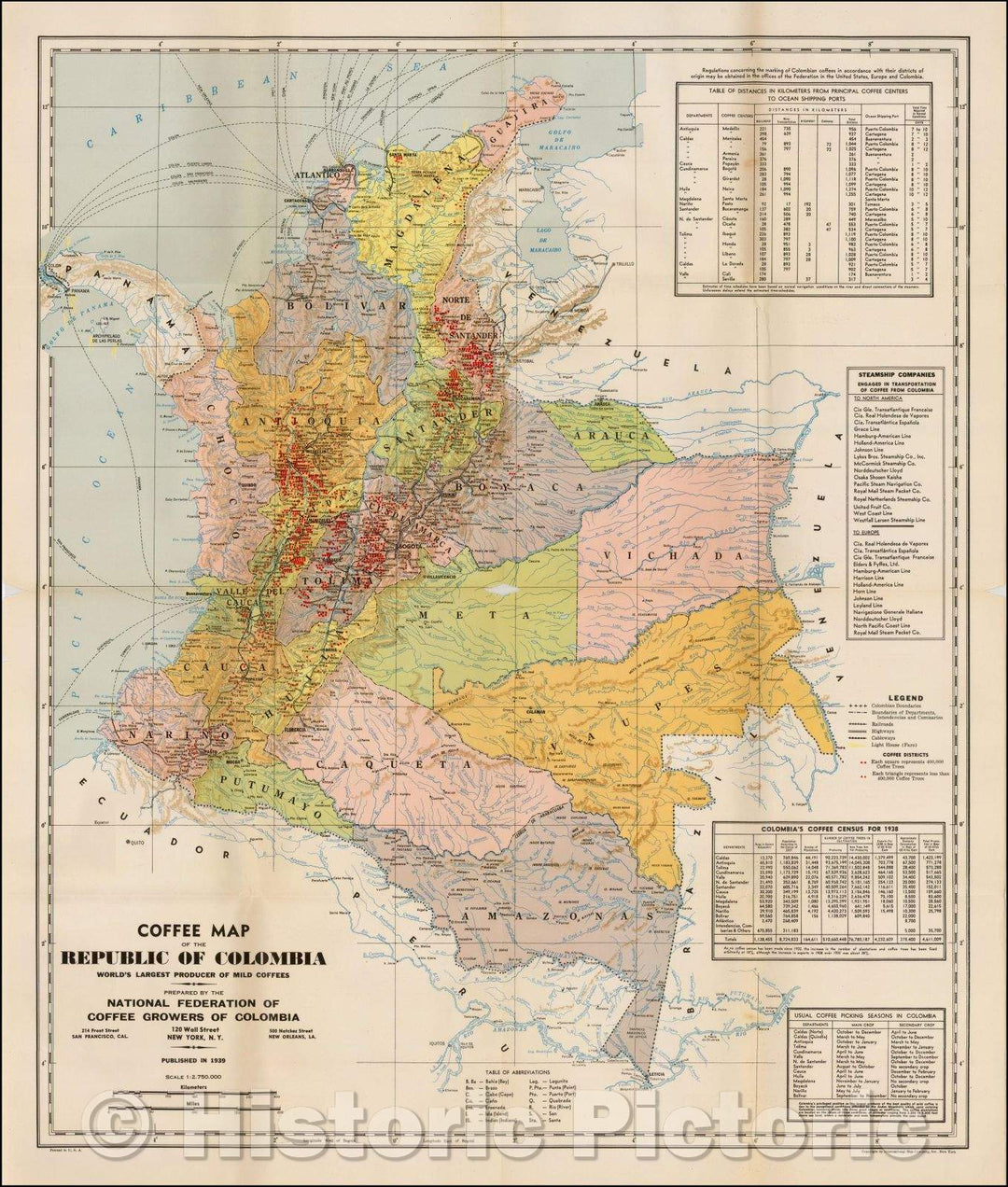 Historic Map - Coffee Map of the Republic of Columbia World's Largest Producer of Mild Coffees, 1938, National Federation of Coffee Growers of Colombia v2