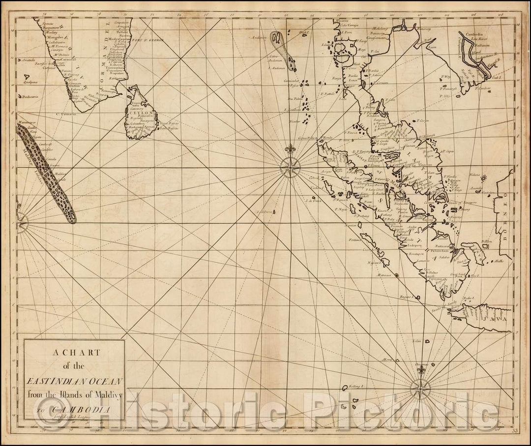 Historic Map - A Chart of the East Indian Ocean from the Islands of Maldivy to Cambodia, 1728, John Senex - Vintage Wall Art