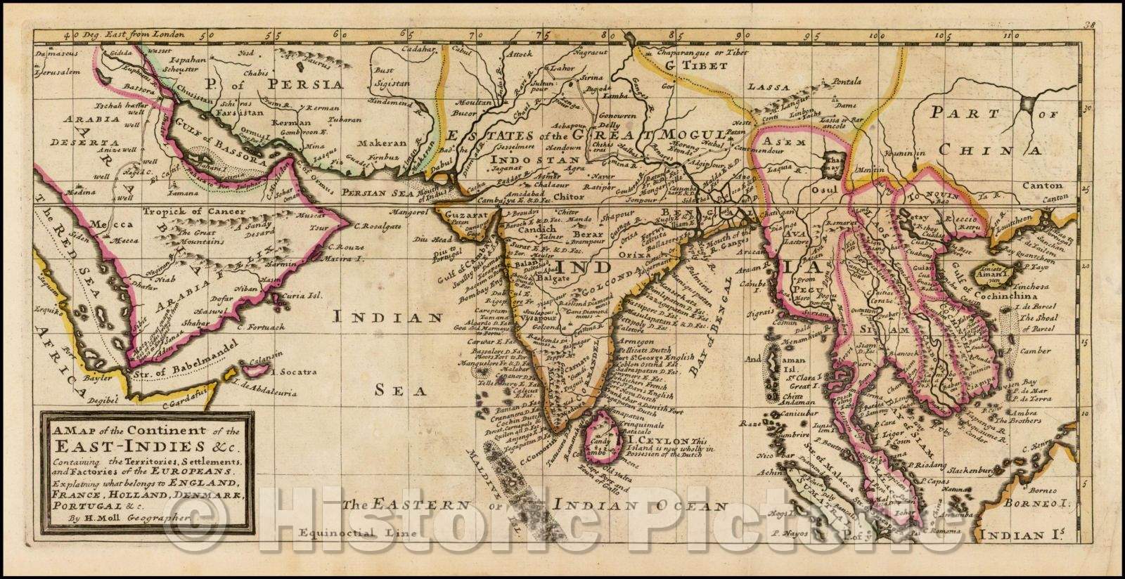 Historic Map - Continent of the East-Indies &c, Containing the Territories, Settlements, and Factories of the Europeans. Explaining what belongs to Eng, 1729 - Vintage Wall Art