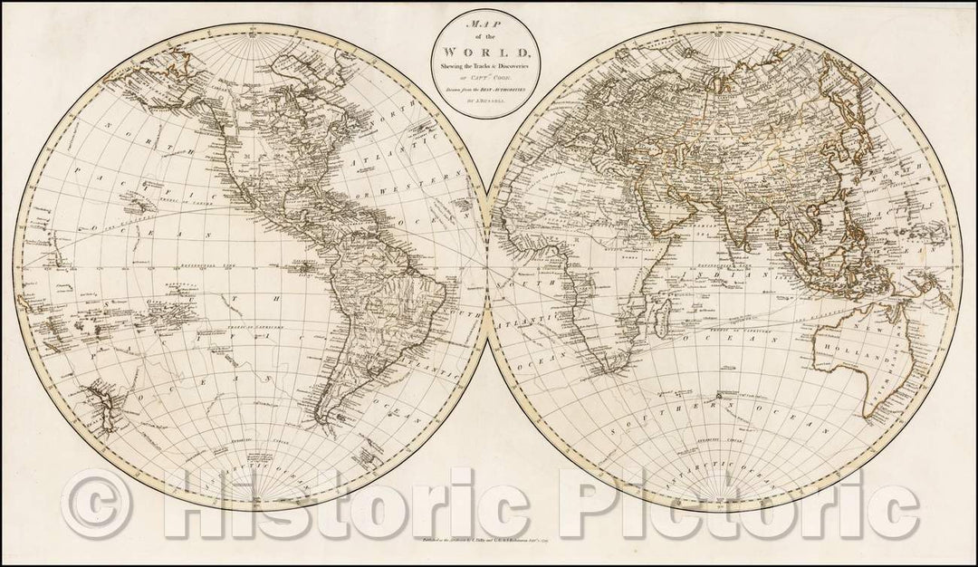 Historic Map - Map of the World Shewing the Tracks & Discoveries of Captn. Cook, 1799, John Russell - Vintage Wall Art