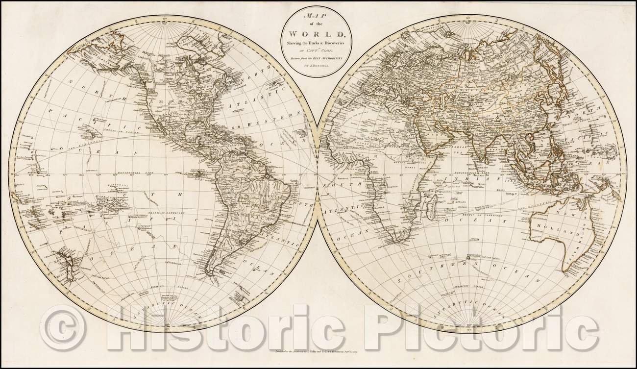 Historic Map - Map of the World Shewing the Tracks & Discoveries of Captn. Cook, 1799, John Russell - Vintage Wall Art