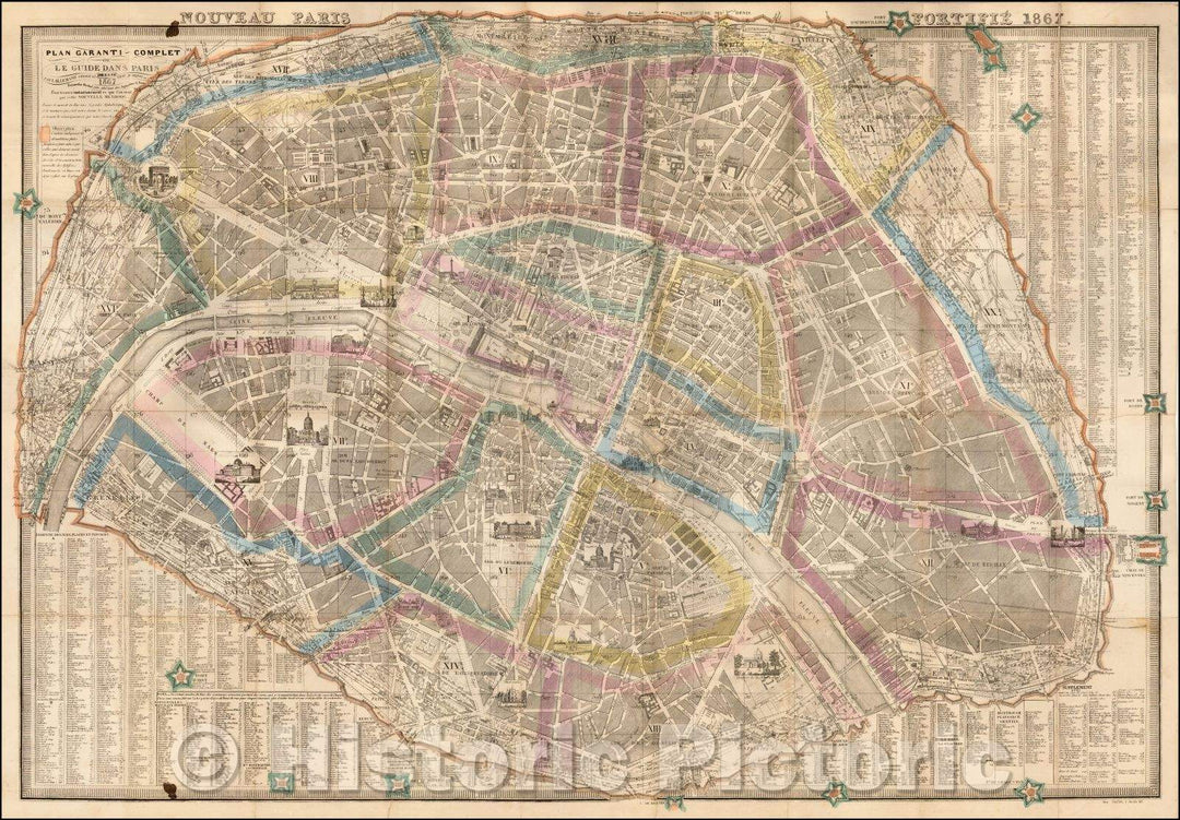 Historic Map - Plan Garanti-Complet of Le Guide Dans Paris/Map of Paris, colored by arrondissements, 1867, - Vintage Wall Art