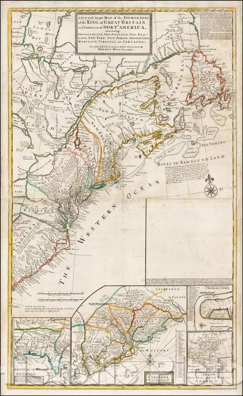 Historic Map - Dominions of the King of Great Britain on ye Continent of North America. Containing Newfoundland, New Scotland, New England, 1735 - Vintage Wall Art