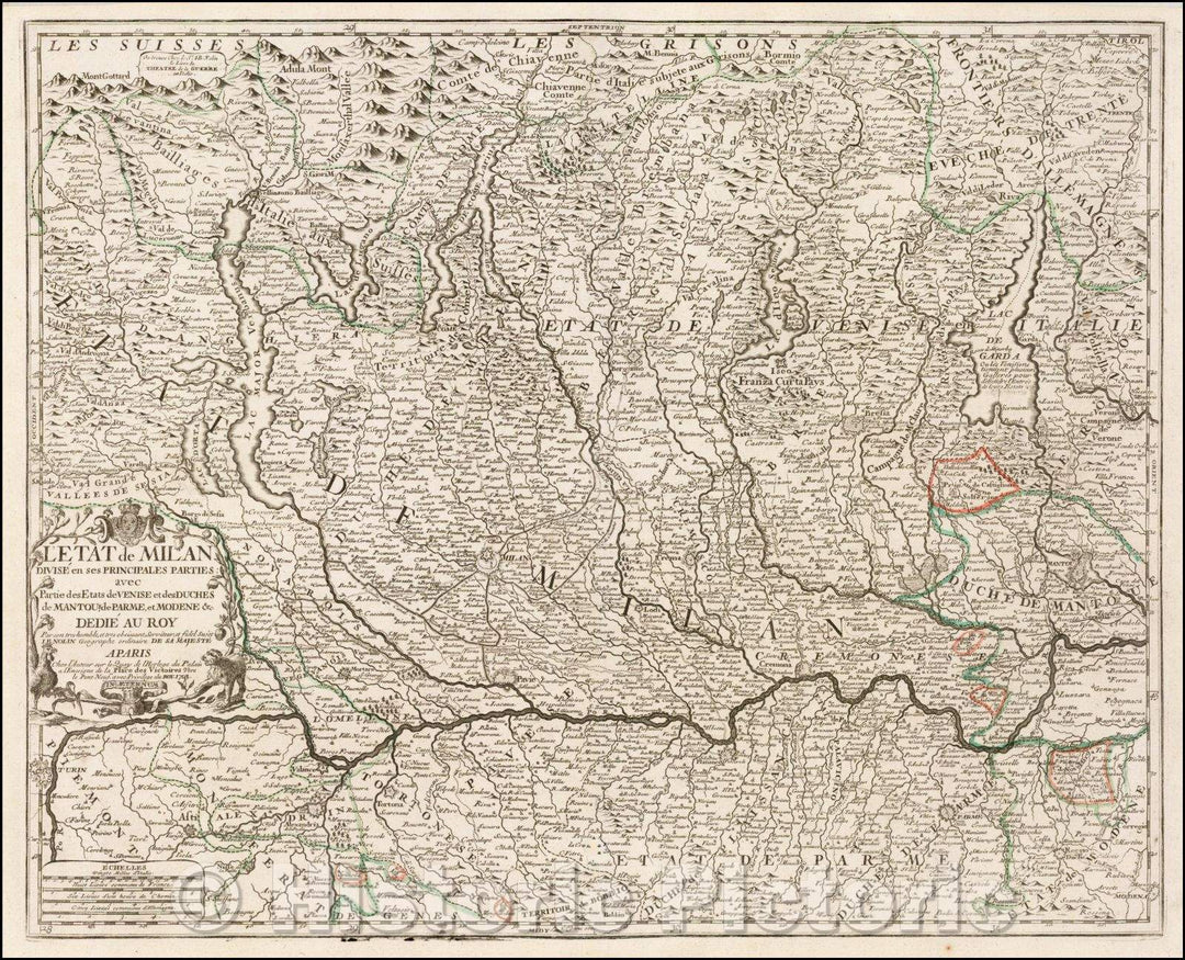 Historic Map - L'Etat de Milan Divise en ses Principales Parties: avec Partie des Etats de Venise et des Cuches de Mantoue/Map of northern Italy, 1703 - Vintage Wall Art