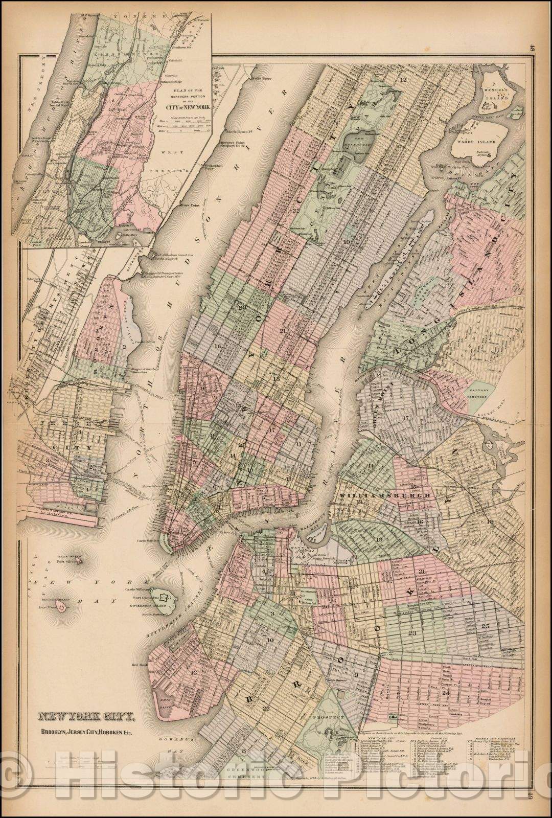 Historic Map - New York City, Brooklyn, Jersey City, Hoboken, etc, 1881, OW Gray - Vintage Wall Art