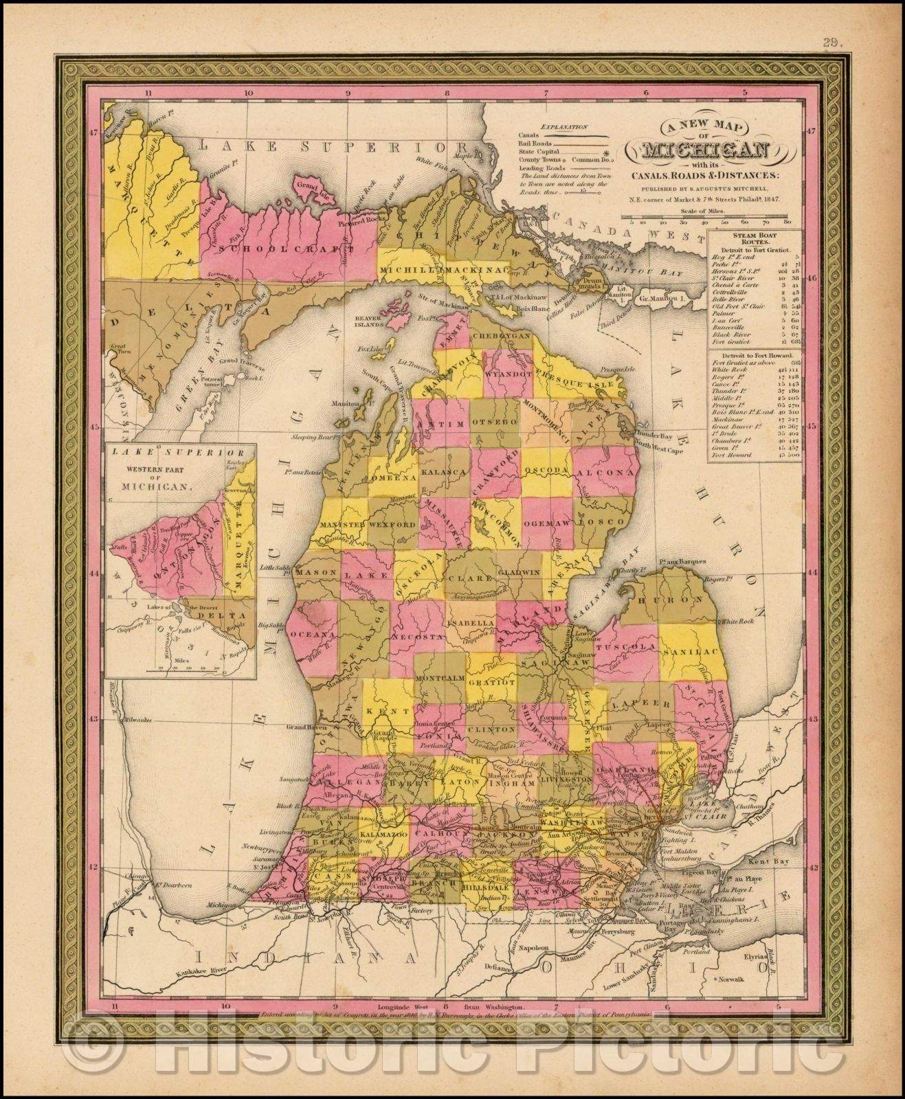 Historic Map - Michigan with its Roads & Distances, 1847, Samuel Augustus Mitchell - Vintage Wall Art