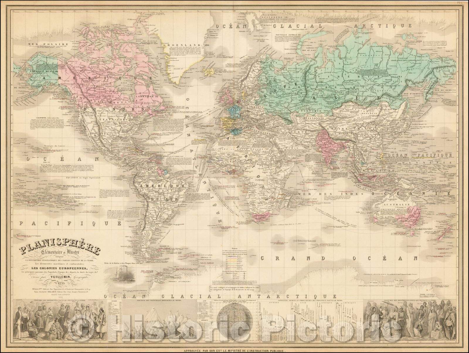 Historic Map - Planisphere Elementaire et Illustre Iniquant La Description Geographique Des Parties Connues De La Terre. Les decouvertes maritimes et continentales, 1863 - Vintage Wall Art