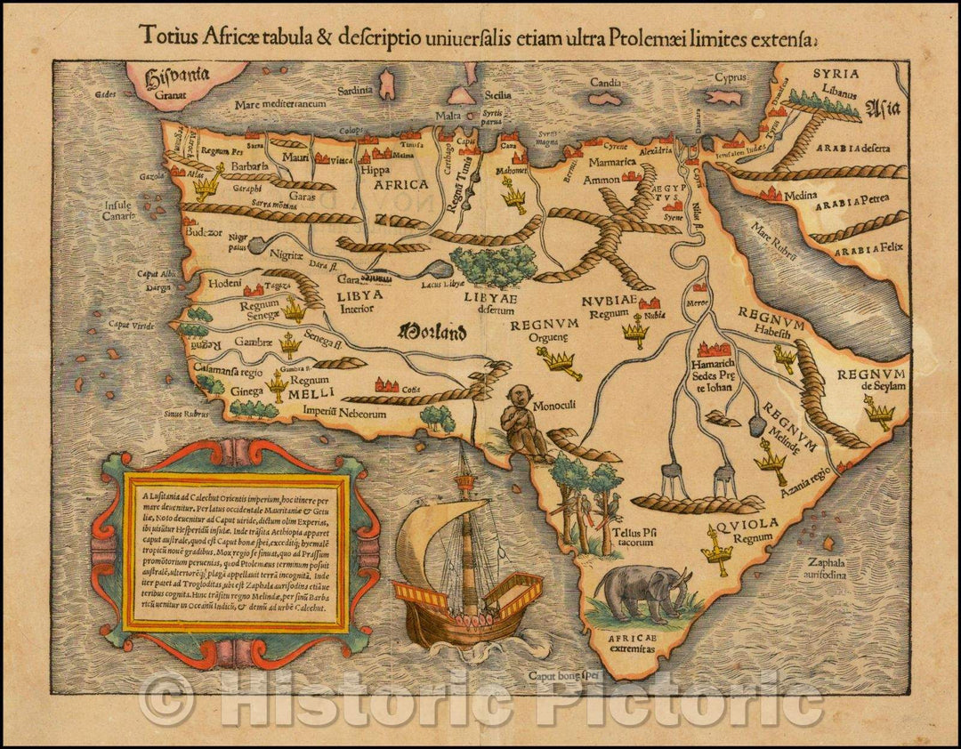 Historic Map - Totius Africae tabula, descriptio universalis, etiam ultra Ptolemaei limites extensa/M?nster's Map of Africa, curious river routes, 1550 - Vintage Wall Art