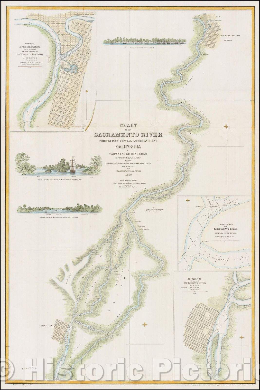 Historic Map - Chart of the Sacramento River From Suisun City to the American River California, 1850, Cadwalader Ringgold v2