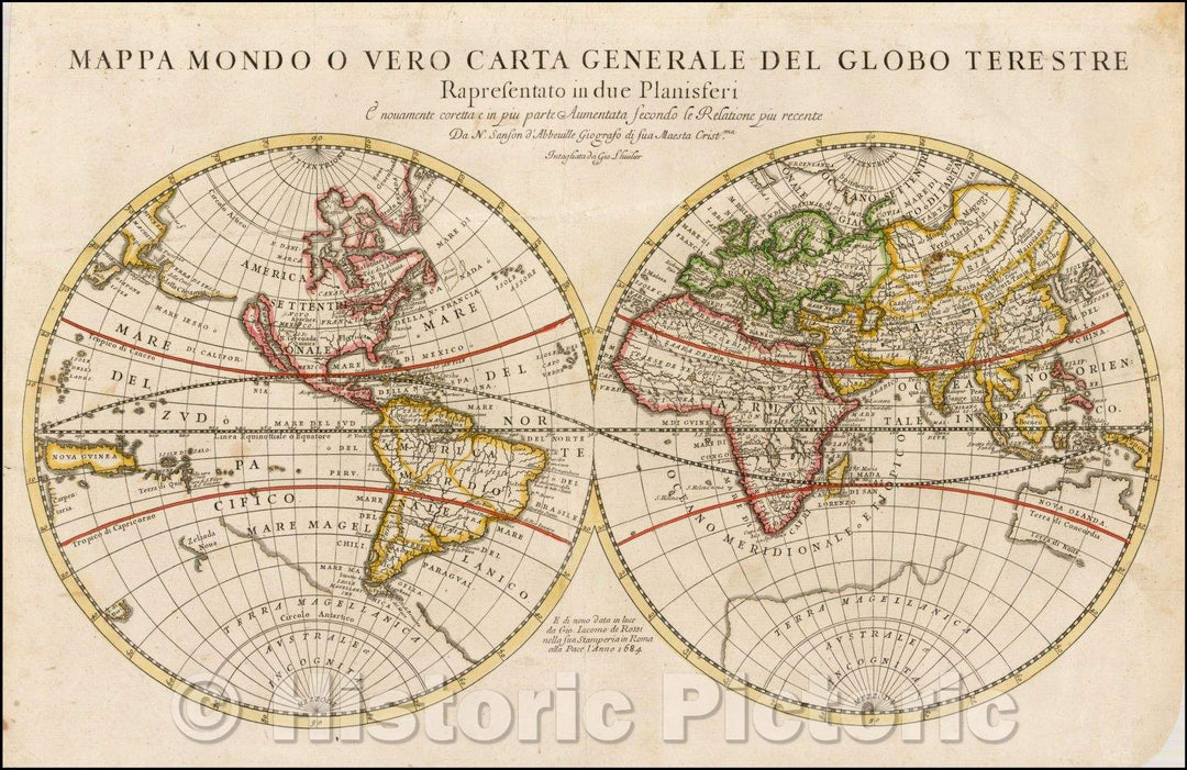 Historic Map - Mappa Mondo, o Vero Carta Generale Del Globo Terrestre Rapresentato :: Double hemisphere Map of the World, 1684 - Vintage Wall Art