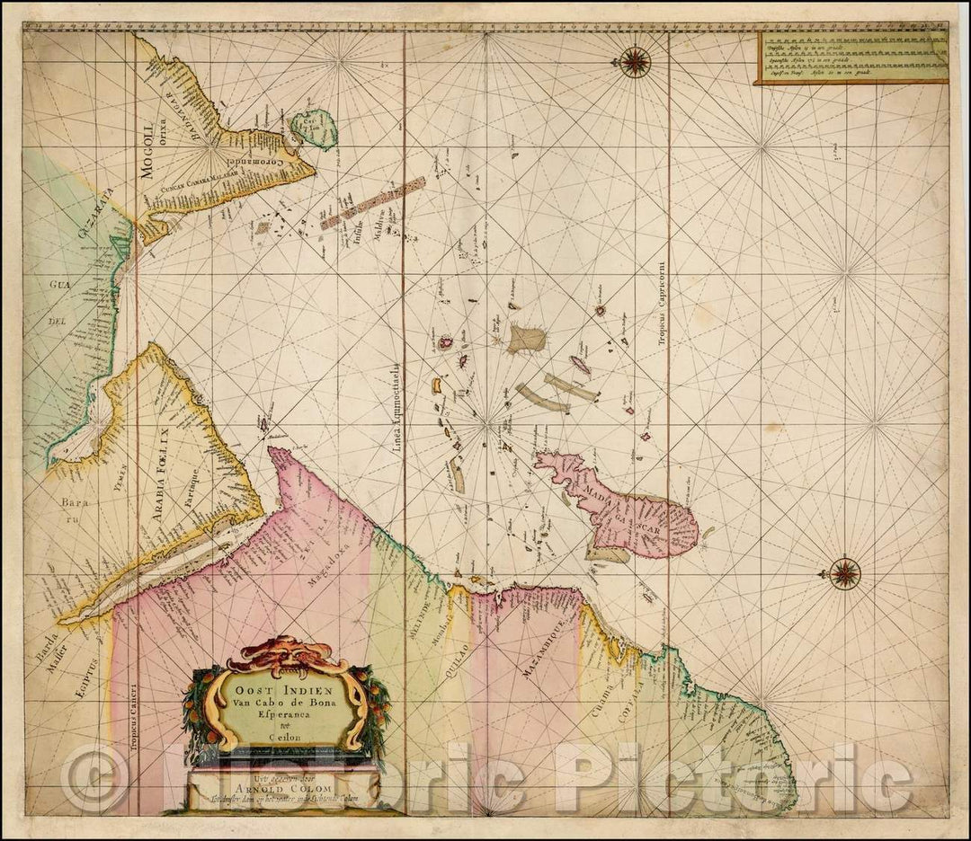 Historic Map - Oost Indien Van Cabo de Bona Esperanca tot Ceilon/Sea Chart of the western part of the Indian Ocean (Oost Indien), 1658, Arnold Colom - Vintage Wall Art