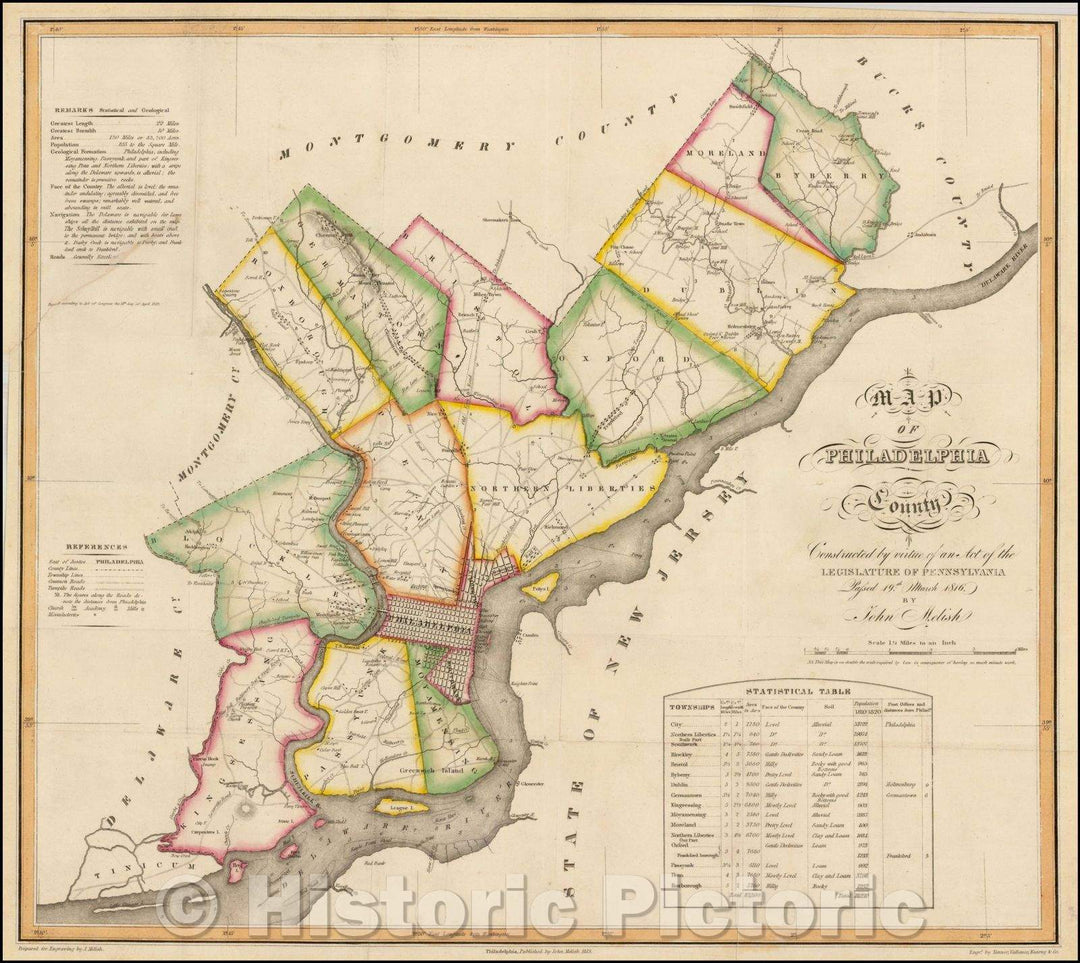 Historic Map - Map of Philadelphia County. Constructed, 1819, John Melish - Vintage Wall Art