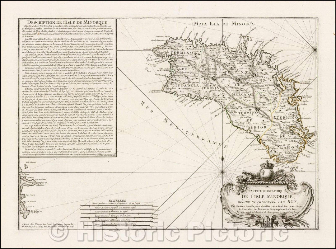 Historic Map - Carte Topographique De L'Isle Minorque Dediee Et Presentee Au Roy/Map of Minorca, published by Jean de Beaurain in Paris, circa 1756, 1756 - Vintage Wall Art