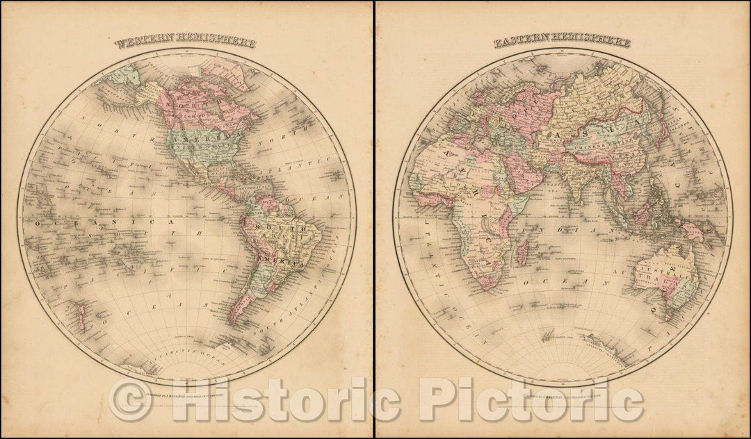 Historic Map - Eastern Hemisphere [with] Western Hemisphere, 1862, Joseph Hutchins Colton - Vintage Wall Art