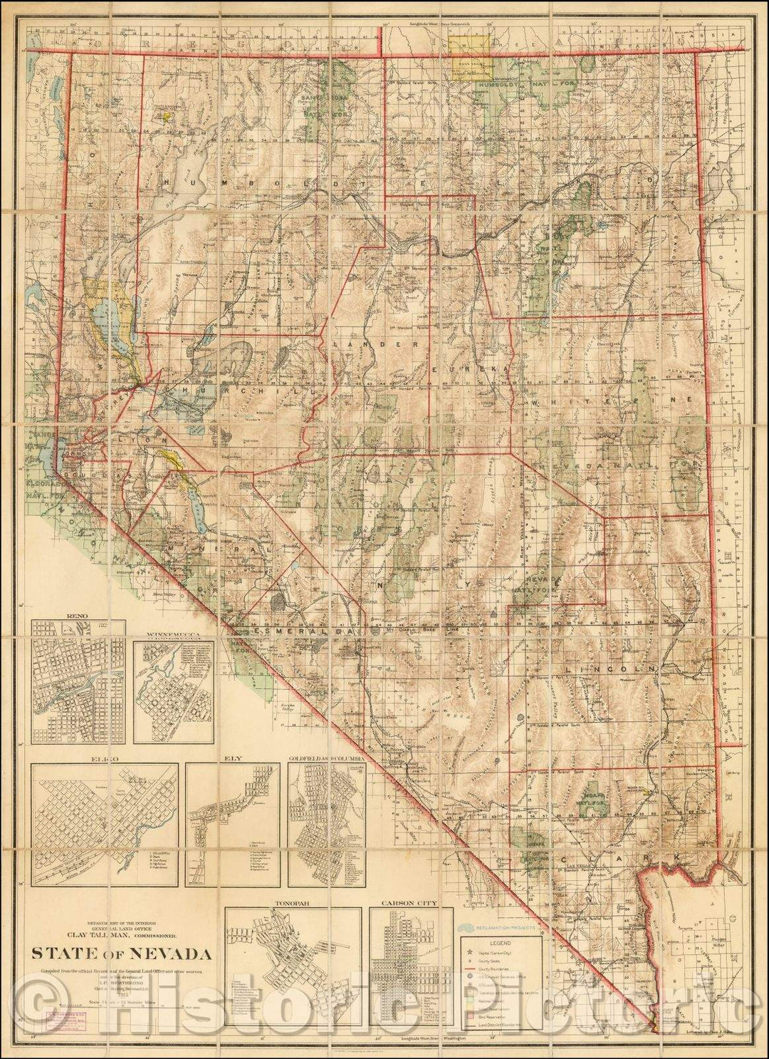 Historic Map - State of Nevada, 1914, U.S. General Land Office - Vintage Wall Art