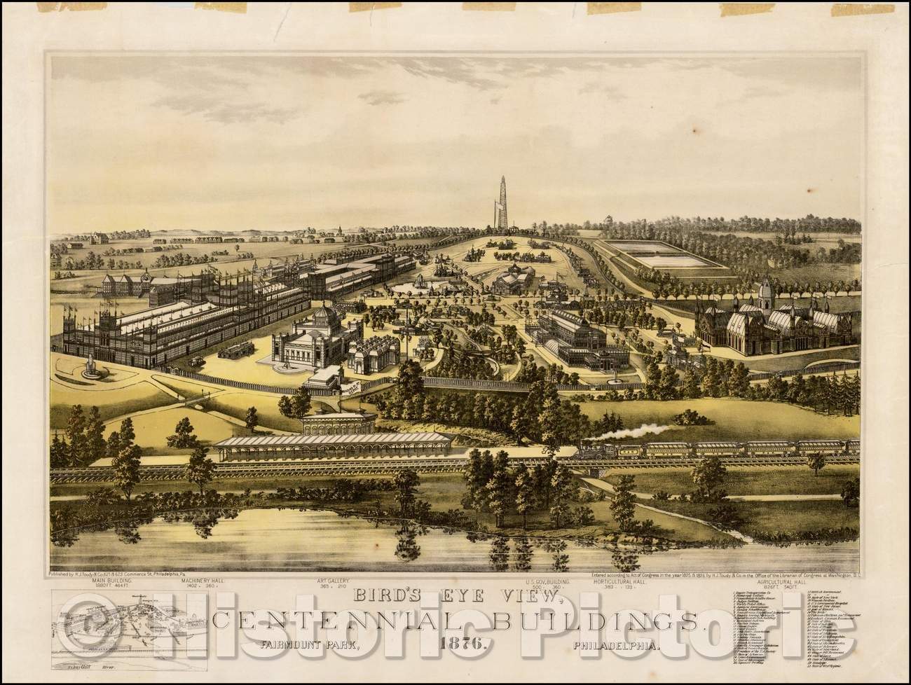 Historic Map - Bird's Eye View, Centennial Buildings. Fairmount Park Philadelphia, 1875, H. J. Toudy - Vintage Wall Art