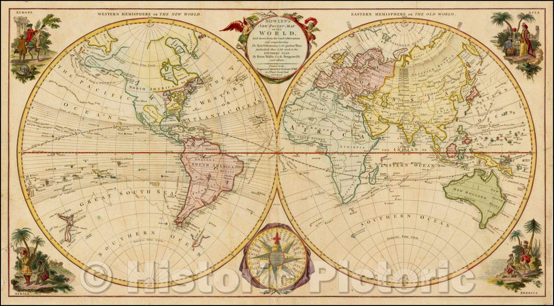 Historic Map - Bowles New Pocket of the World laid down from the latest observations and The New Discoveries :: Double hemisphere map of the World, 1780 - Vintage Wall Art