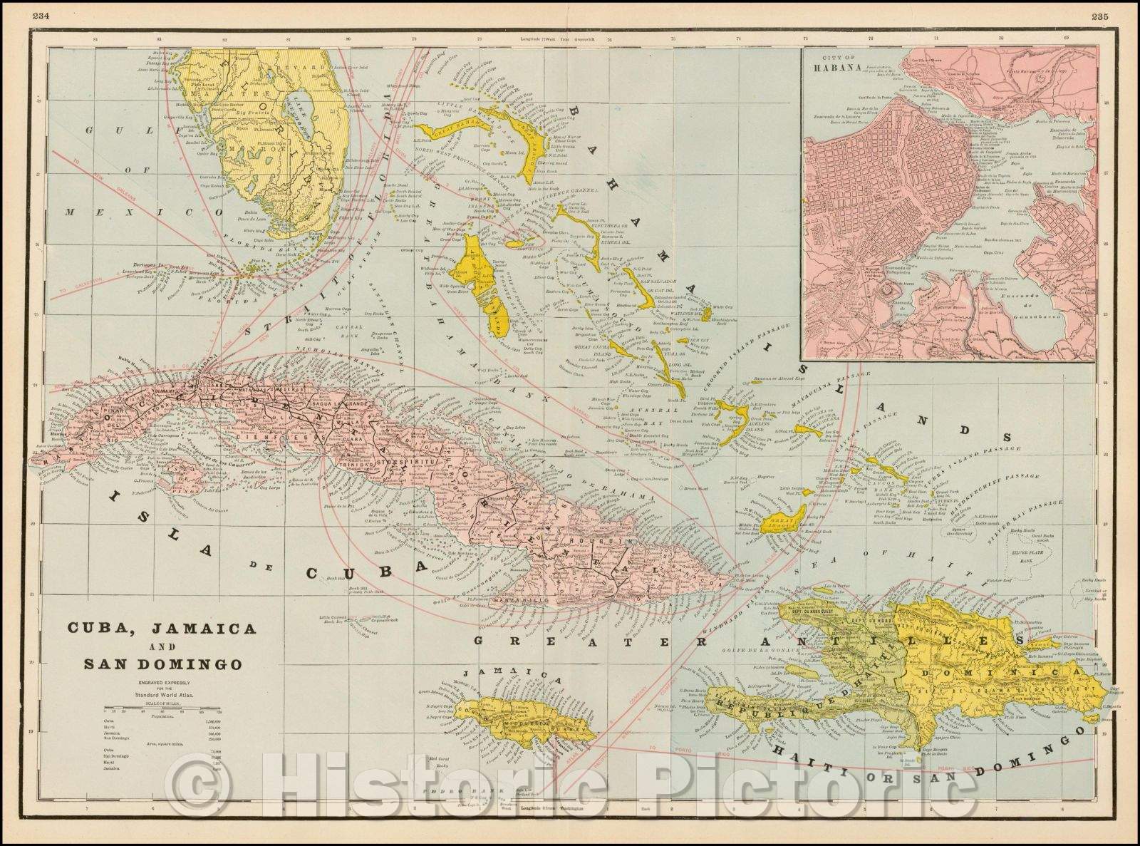 Historic Map - Cuba, Jamaica, and Santo Domingo/Cuba, Jamaica, and Santo Domingo, 1892, George F. Cram - Vintage Wall Art